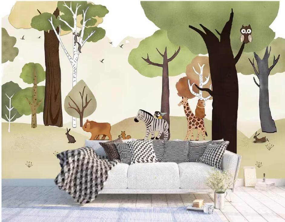 Cartoon Trees Forest Animals Nursery Wallpaper Wall Mural