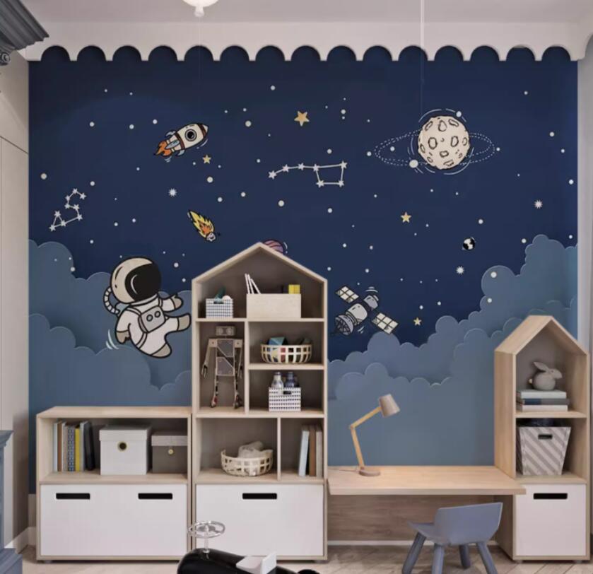 Cartoon Astronaut Universe Space Planets Nursery Wallpaper Wall Mural