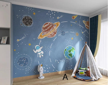 Cartoon Rocket Universe Space Planets Nursery Wallpaper Wall Mural