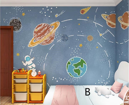 Cartoon Rocket Universe Space Planets Nursery Wallpaper Wall Mural