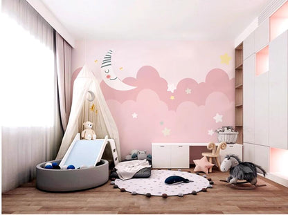 Cartoon Pink Clouds Stars Nursery Wallpaper Wall Mural Home Decor