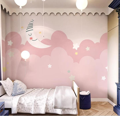 Cartoon Pink Clouds Stars Nursery Wallpaper Wall Mural Home Decor