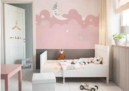 Cartoon Pink Clouds Stars Nursery Wallpaper Wall Mural Home Decor