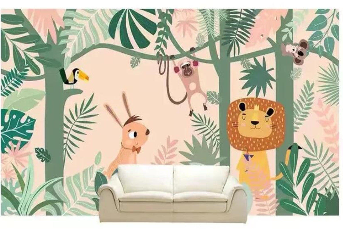Cartoon Animals Lion and Monkeys Tree Forest Nursery Wallpaper Wall Mural