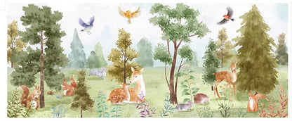 Cartoon Animals Deer and Squirrel Tree Forest Nursery Wallpaper Wall Mural