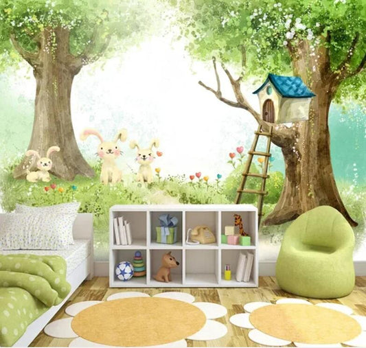 Cartoon Trees Animals Rabbits Nursery Wallpaper Wall Mural