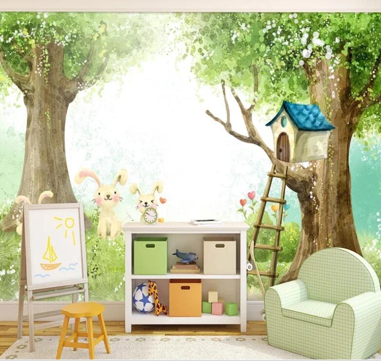 Cartoon Trees Animals Rabbits Nursery Wallpaper Wall Mural