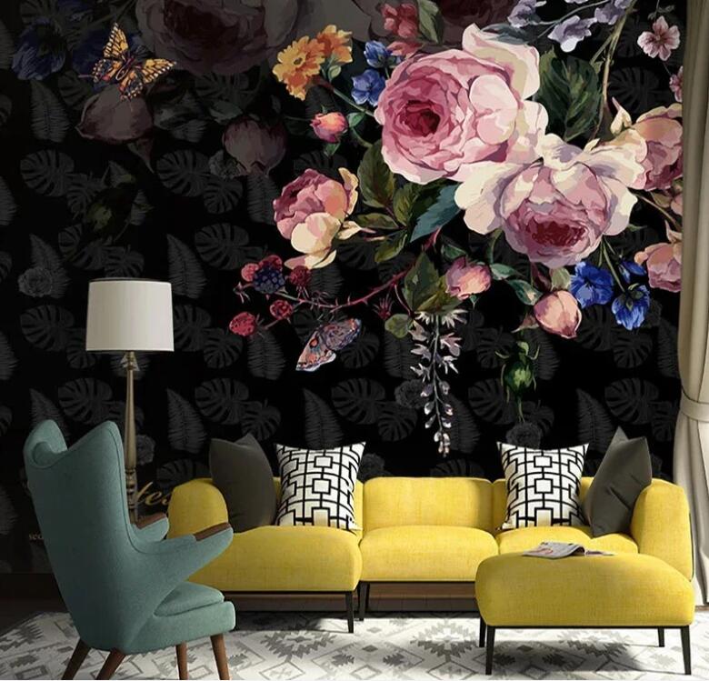 Dark Color Hanging Flowers Floral Wallpaper Wall Mural