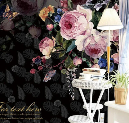 Dark Color Hanging Flowers Floral Wallpaper Wall Mural