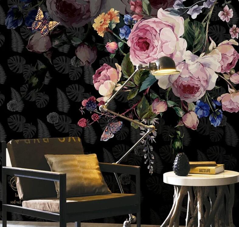 Dark Color Hanging Flowers Floral Wallpaper Wall Mural