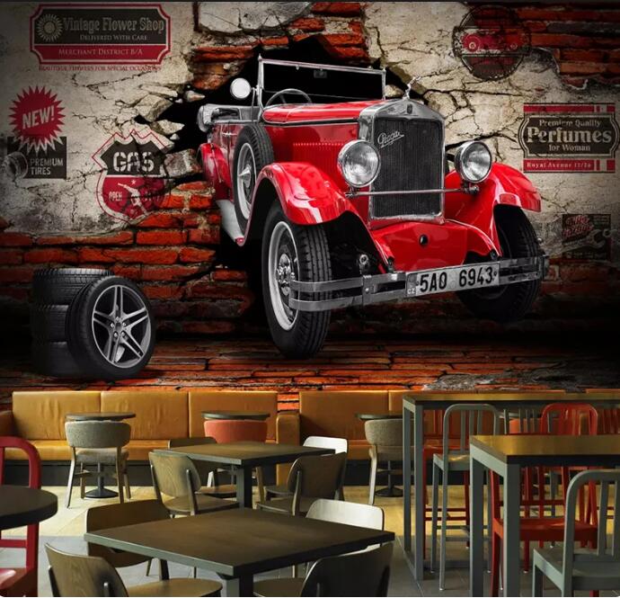 3D Retro Red Car Broken Wall Mural Living Room Wallpaper