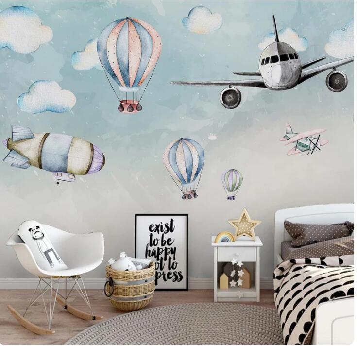 Cartoon Airplane Hot Air Balloon Children Nursery Wallpaper Wall Mural