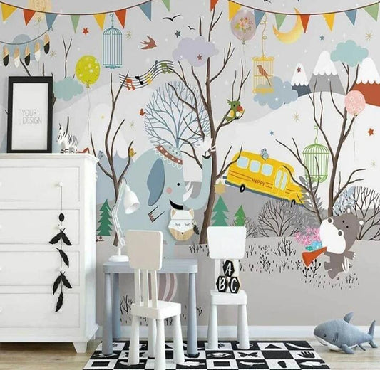 Cartoon Kids Bedroom Wallpaper Forest Animal Concert Wall Mural