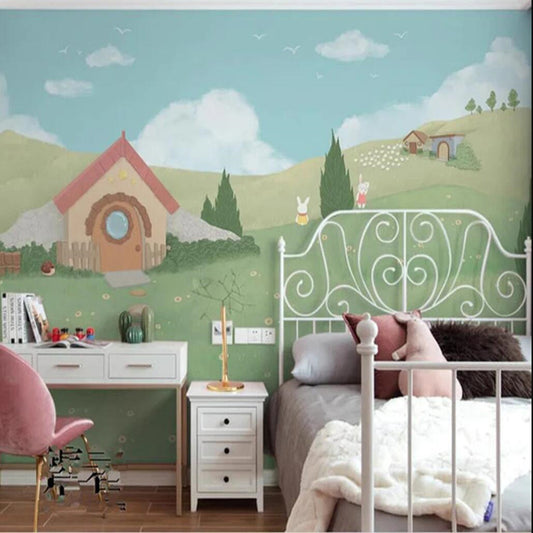 Cartoon Animals Grasses Landscape Nursery Wallpaper Wall Mural
