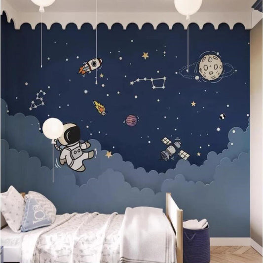 Cartoon Astronaut Universe Space Planets Nursery Wallpaper Wall Mural