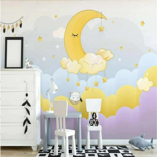Cartoon Clouds and Moon Nursery Wallpaper Wall Mural Home Decor