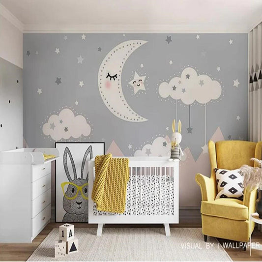 Cartoon Clouds and Moon Stars Nursery Wallpaper Wall Mural