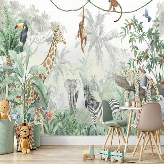Cartoon Forest Jungle Animals Nursery Wallpaper Wall Mural
