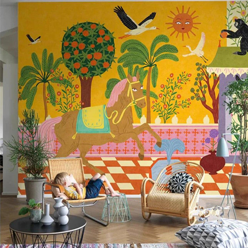 Cartoon Garden Horse Cranes Monkey Trees House Nursery Wallpaper Wall Mural