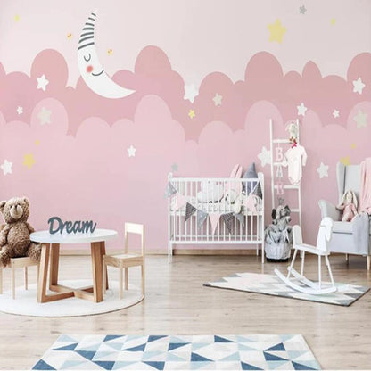 Cartoon Pink Clouds Stars Nursery Wallpaper Wall Mural Home Decor