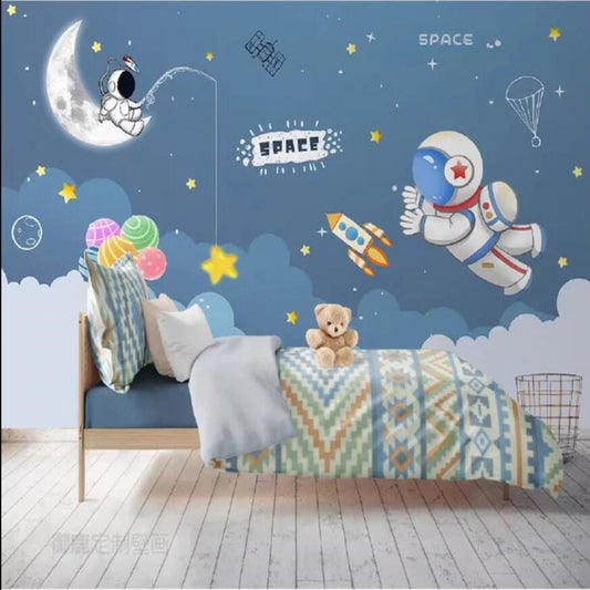 Cartoon Space Astronauts Stars and Moon Nursery Wallpaper Wall Mural