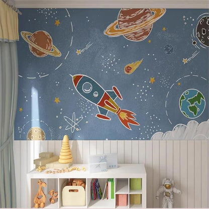 Cartoon Rocket Universe Space Planets Nursery Wallpaper Wall Mural