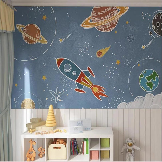 Cartoon Rocket Universe Space Planets Nursery Wallpaper Wall Mural