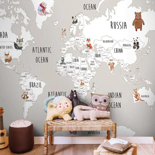 Cartoon World Map Animals Nursery Wallpaper Wall Mural