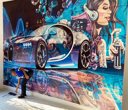 Modern Creative Street Graffiti Sports Car Wallpaper Wall Mural