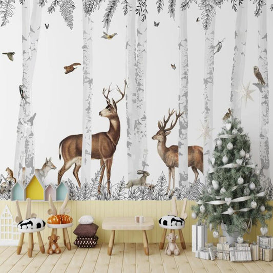 Wood Forest Elks Birds Gray Trees Nursery Wallpaper Wall Mural