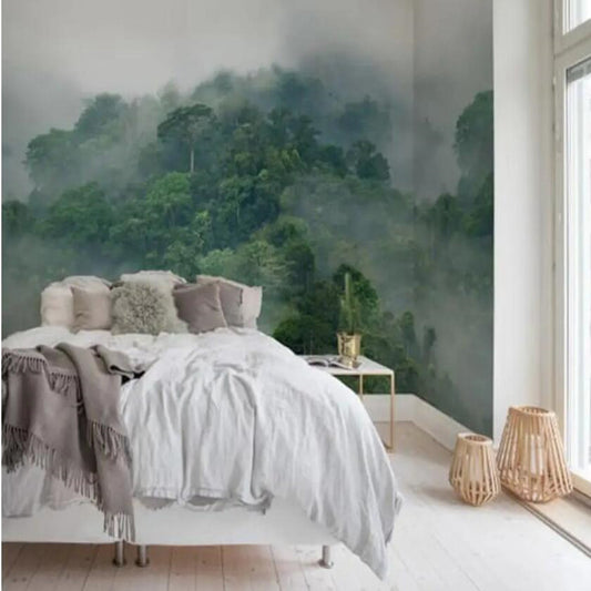 Misty Forest Wallpaper, Foggy Green Mountain Landscape Wallpaper Wall Mural