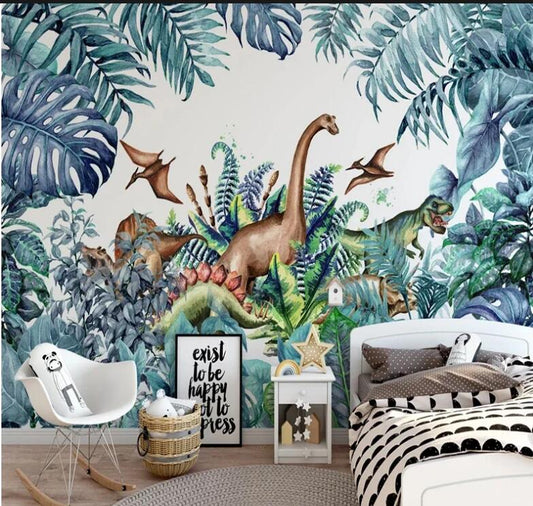 Plant Leaves Cartoon Dinosaur Nursery Wallpaper Wall Mural