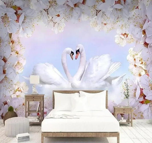 Romantic Swan Peach Blossom Flowers Floral Wallpaper Wall Mural