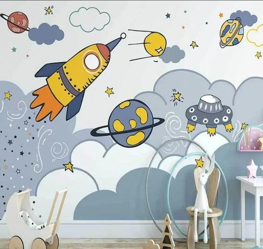 Cartoon Rocket Space Starry Sky Nursery Wallpaper Wall Mural