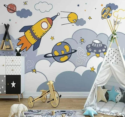 Cartoon Rocket Space Starry Sky Nursery Wallpaper Wall Mural