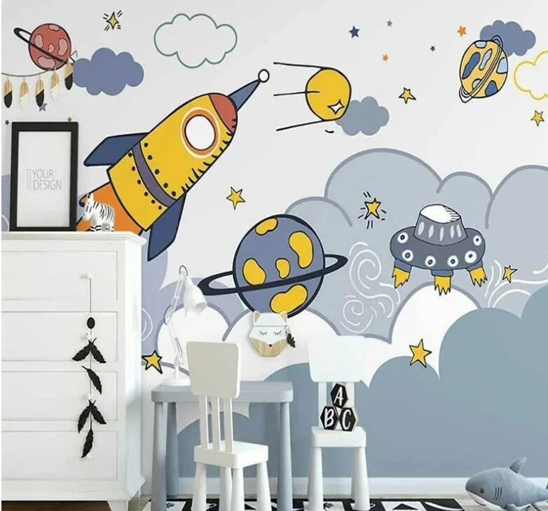 Cartoon Rocket Space Starry Sky Nursery Wallpaper Wall Mural