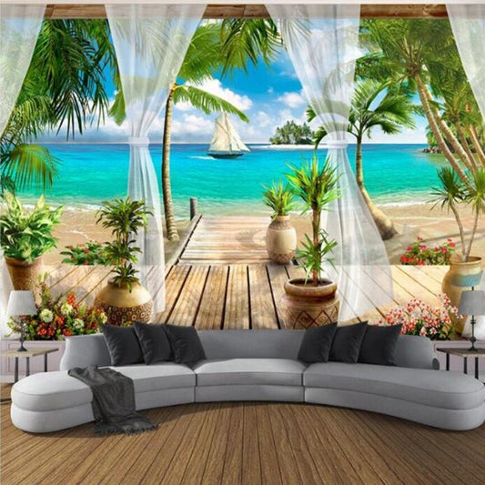 3D Balcony Sandy Beach Sea View Wallpaper Wall Mural