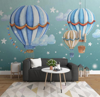 Children Room Hot Air Balloon Stars Cartoon Mural Wallpaper