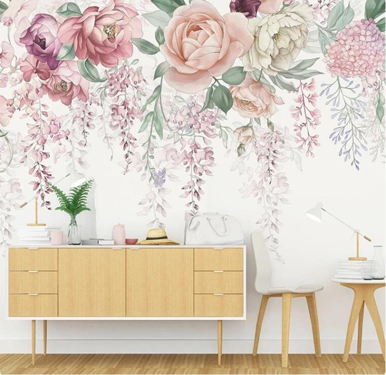 Retro Hanging Watercolor Flowers Floral Wallpaper Wall Mural