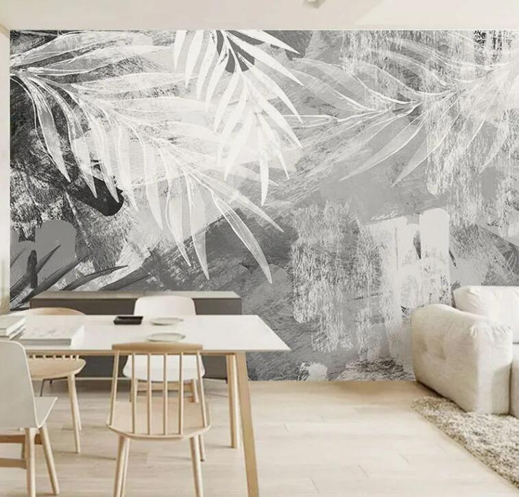 Abstract Art Leaf Plant Fresco Gray Leaves Wallpaper Wall Mural