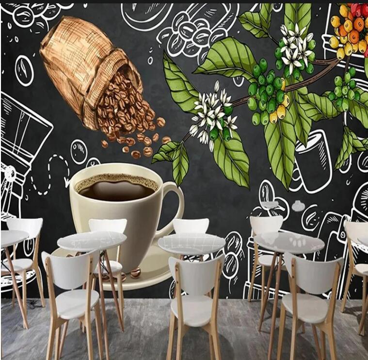 Coffee Beans Fruits Blackboard Poster for Restaurant Cafe Drink Bar Wallpaper Mural