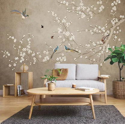 Chinoiserie Cherry Flowers and Birds Wallpaper Wall Mural Home Decor