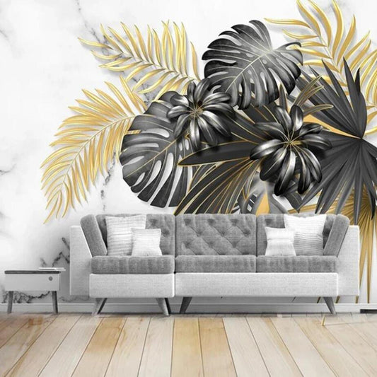 Tropical Plant Black Golden Leaves Wallpaper Wall Mural