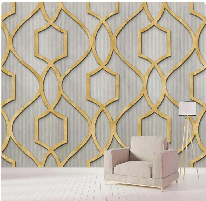 Gold Thread Grey Cement Geometric Wall Mural Wallpaper Modern Wall Decor