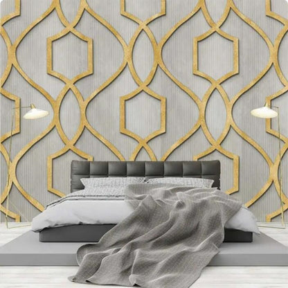 Gold Thread Grey Cement Geometric Wall Mural Wallpaper Modern Wall Decor