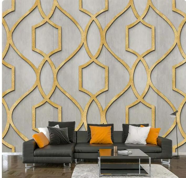 Gold Thread Grey Cement Geometric Wall Mural Wallpaper Modern Wall Decor