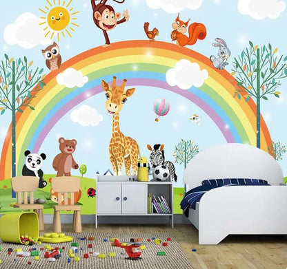 Cartoon Rainbow Animal Kindergarten Children Baby Nursery Wall Mural Wallpaper