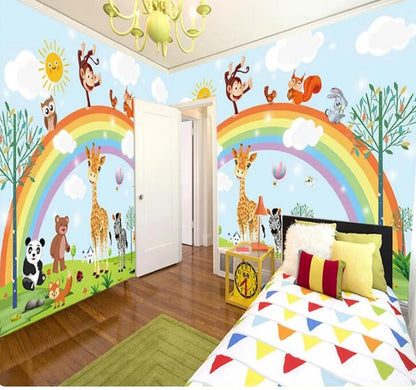 Cartoon Rainbow Animal Kindergarten Children Baby Nursery Wall Mural Wallpaper