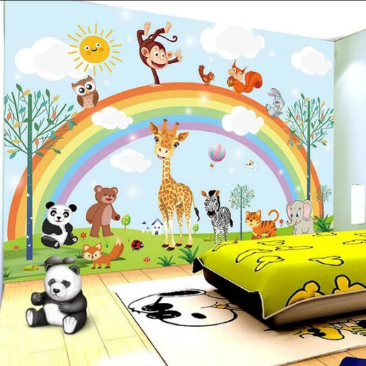Cartoon Rainbow Animal Kindergarten Children Baby Nursery Wall Mural Wallpaper