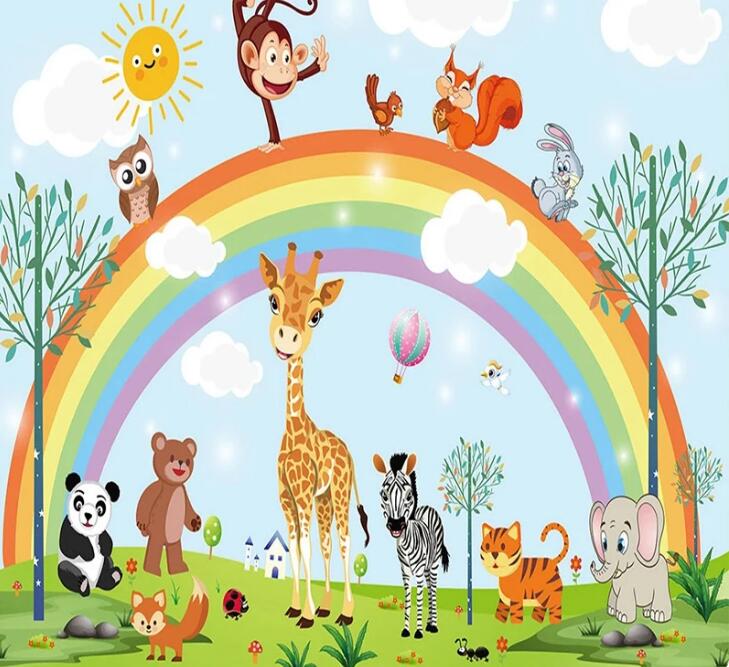 Cartoon Rainbow Animal Kindergarten Children Baby Nursery Wall Mural Wallpaper